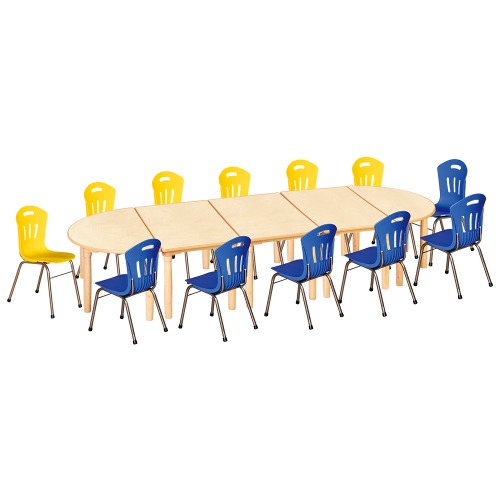안전 자작합판 대형 반달 5조각 12인 책상의자세트(노랑+파랑 수강의자)