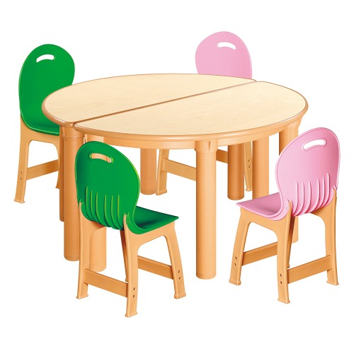 안전 자작합판 반달 2조각 4인 책상의자세트(초록+분홍 파스텔의자)
