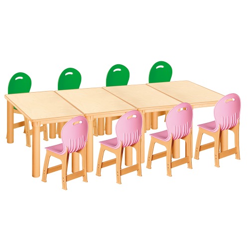 안전 자작합판 사각 4조각 8인 책상의자세트(초록+분홍 파스텔의자)