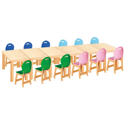 안전 자작합판 사각 6조각 12인 책상의자세트(초록+분홍+하늘+파랑 파스텔의자)