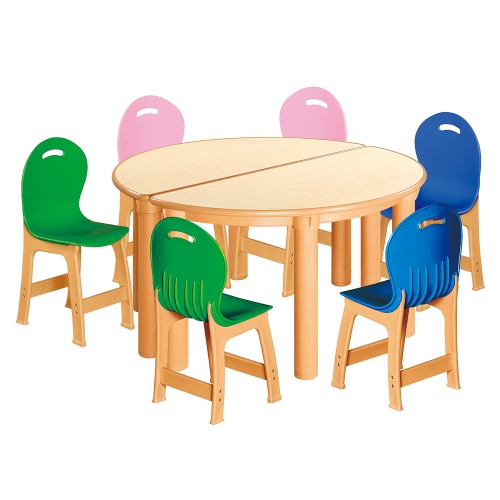 안전 자작합판 반달 2조각 6인 책상의자세트(초록+분홍+파랑 파스텔의자)