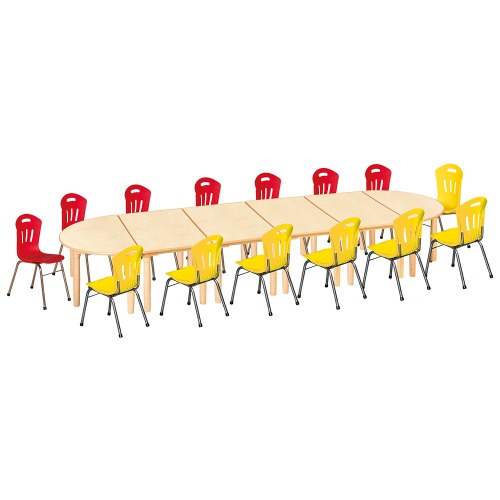 안전 자작합판 대형 반달 6조각 14인 책상의자세트(빨강+노랑 수강의자)