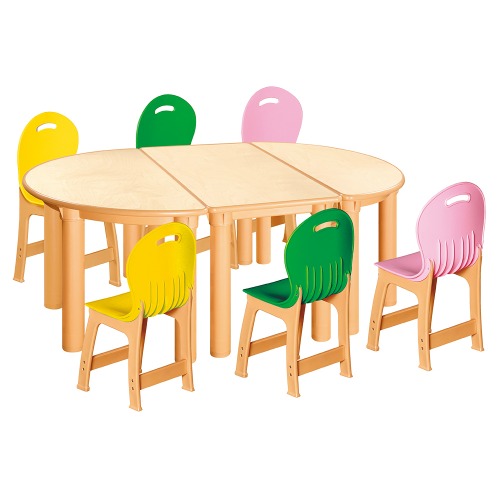 안전 자작합판 반달 3조각 6인 책상의자세트(노랑+초록+분홍 파스텔의자)
