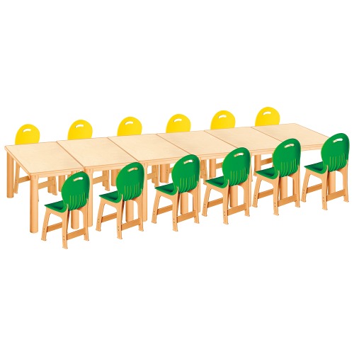 안전 자작합판 사각 6조각 12인 책상의자세트(노랑+초록 파스텔의자)