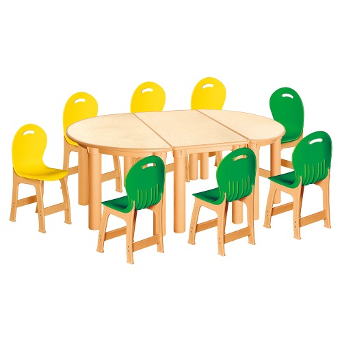 안전 자작합판 반달 3조각 8인 책상의자세트(노랑+초록 파스텔의자)