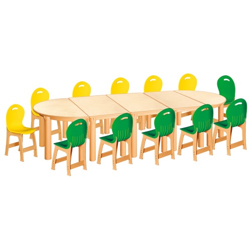 안전 자작합판 반달 5조각 12인 책상의자세트(노랑+초록 파스텔의자)