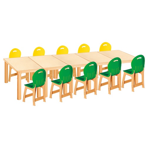 안전 자작합판 사각 5조각 10인 책상의자세트(노랑+초록 파스텔의자)