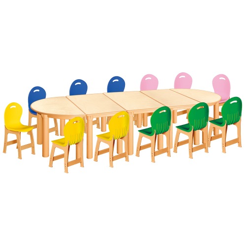 안전 자작합판 반달 5조각 12인 책상의자세트(노랑+초록+분홍+파랑 파스텔의자)