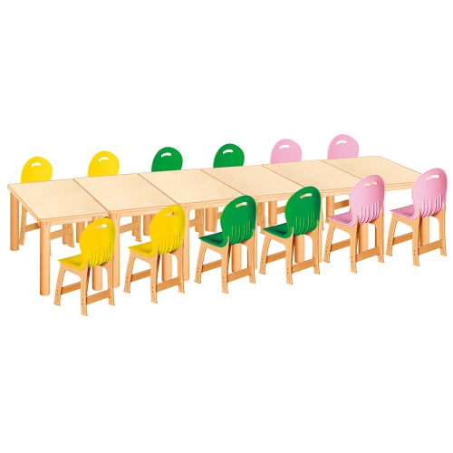안전 자작합판 사각 6조각 12인 책상의자세트(노랑+초록+분홍 파스텔의자)