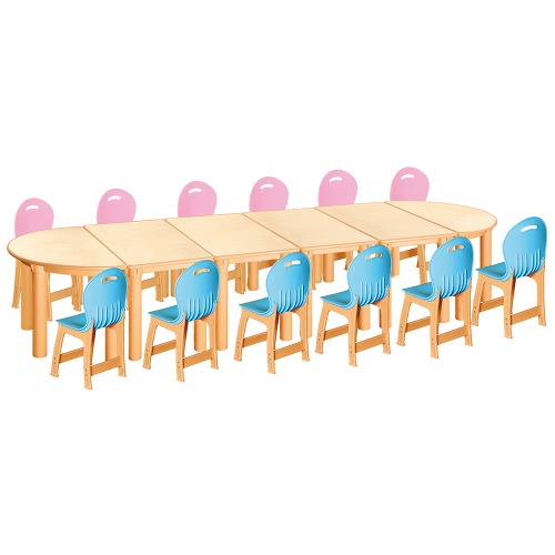 안전 자작합판 반달 6조각 12인 책상의자세트(분홍+하늘 파스텔의자)