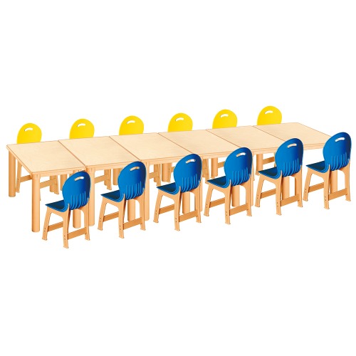 안전 자작합판 사각 6조각 12인 책상의자세트(노랑+파랑 파스텔의자)