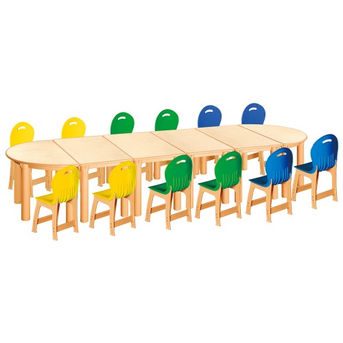 안전 자작합판 반달 6조각 12인 책상의자세트(노랑+초록+파랑 파스텔의자)