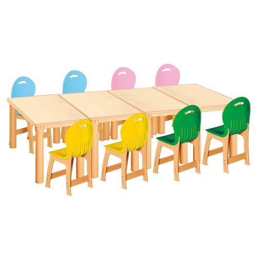 안전 자작합판 사각 4조각 8인 책상의자세트(노랑+초록+분홍+하늘 파스텔의자)