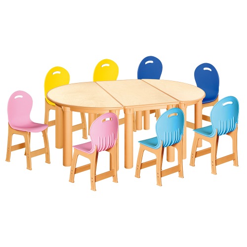 안전 자작합판 반달 3조각 8인 책상의자세트(분홍+하늘+파랑+노랑 파스텔의자)