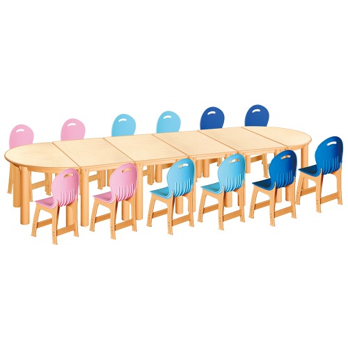 안전 자작합판 반달 6조각 12인 책상의자세트(분홍+하늘+파랑 파스텔의자)