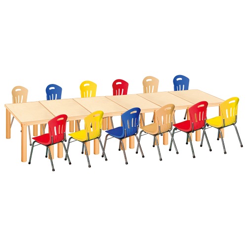 안전 자작합판 사각 6조각 12인 책상의자세트(빨강+노랑+파랑+비취 수강의자)