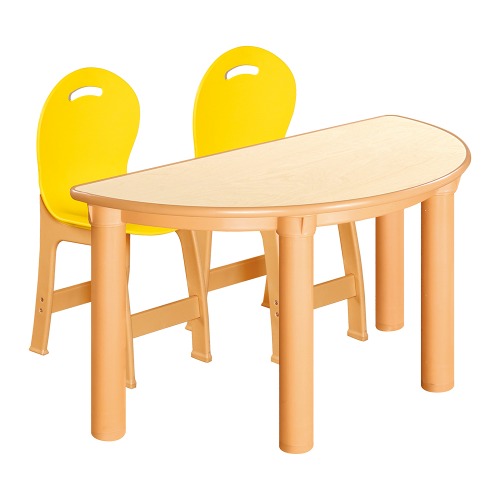 안전 자작합판 반달 1조각 2인 책상의자세트(노랑 파스텔의자)