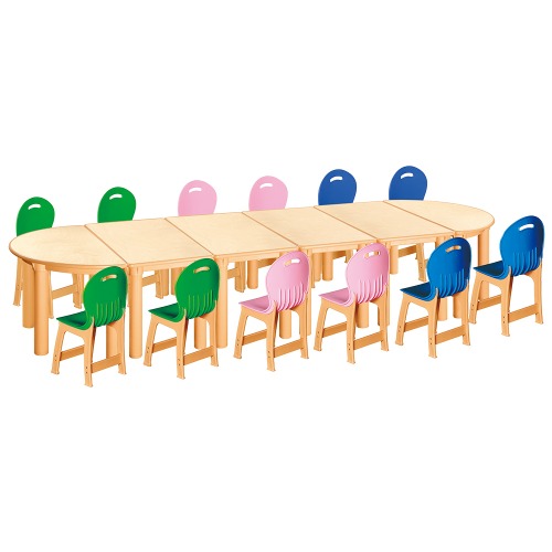 안전 자작합판 반달 6조각 12인 책상의자세트(초록+분홍+파랑 파스텔의자)