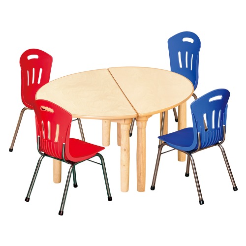 안전 자작합판 대형 반달 2조각 4인 책상의자세트(빨강+파랑 수강의자)