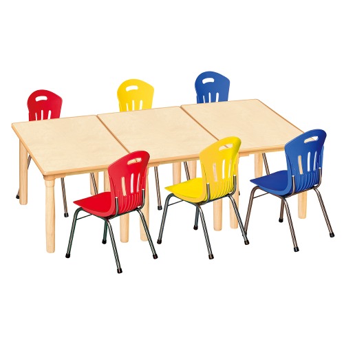 안전 자작합판 대형 사각 3조각 6인 책상의자세트(빨강+노랑+파랑 수강의자)