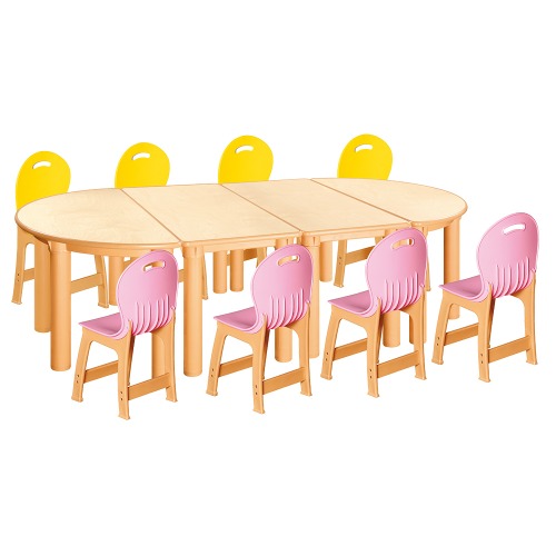 안전 자작합판 반달 4조각 8인 책상의자세트(노랑+분홍 파스텔의자)