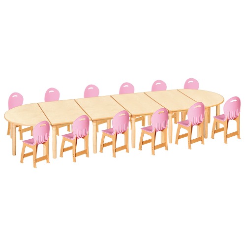 안전 자작합판 대형 반달 6조각 12인 책상의자세트(분홍 파스텔의자)