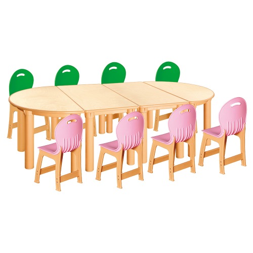 안전 자작합판 반달 4조각 8인 책상의자세트(초록+분홍 파스텔의자)