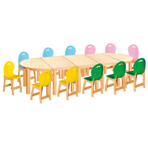 안전 자작합판 반달 5조각 12인 책상의자세트(노랑+초록+분홍+하늘 파스텔의자)