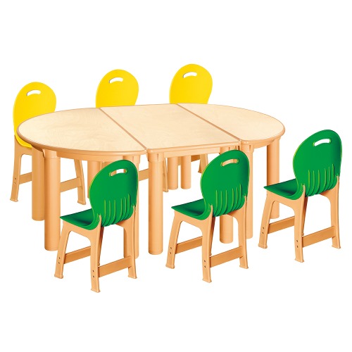 안전 자작합판 반달 3조각 6인 책상의자세트(노랑+초록 파스텔의자)