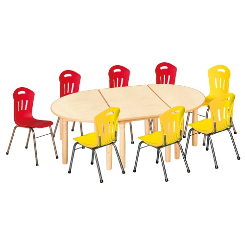 안전 자작합판 대형 반달 3조각 8인 책상의자세트(빨강+노랑 수강의자)