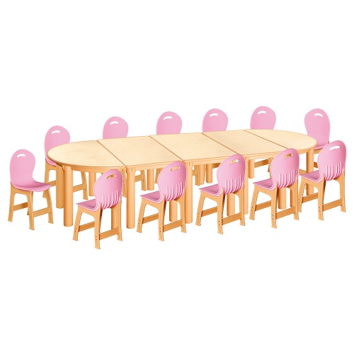 안전 자작합판 반달 5조각 12인 책상의자세트(분홍 파스텔의자)
