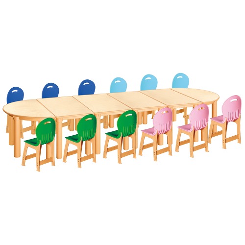 안전 자작합판 반달 6조각 12인 책상의자세트(초록+분홍+하늘+파랑 파스텔의자)
