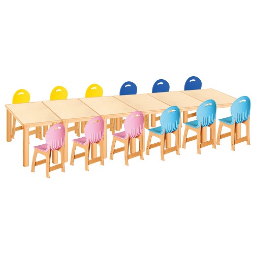 안전 자작합판 사각 6조각 12인 책상의자세트(분홍+하늘+파랑+노랑 파스텔의자)
