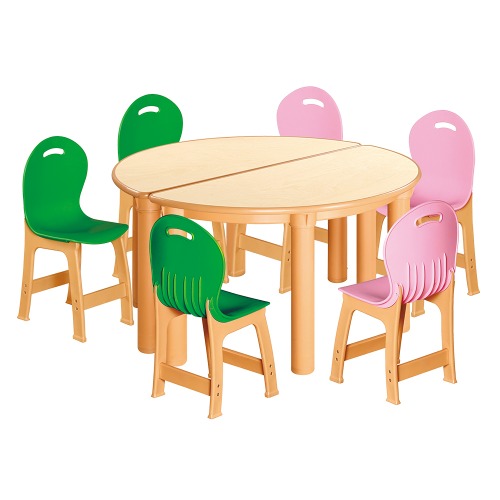 안전 자작합판 반달 2조각 6인 책상의자세트(초록+분홍 파스텔의자)