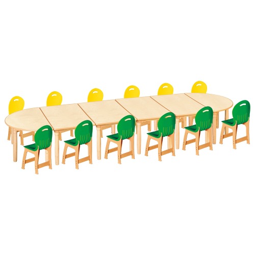 안전 자작합판 반달 6조각 12인 책상의자세트(노랑+초록 파스텔의자)