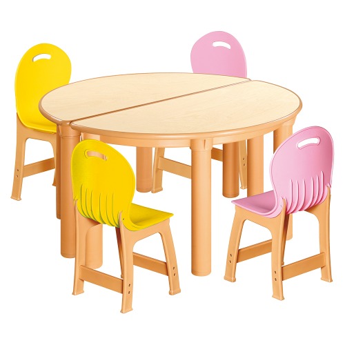 안전 자작합판 반달 2조각 4인 책상의자세트(노랑+분홍 파스텔의자)