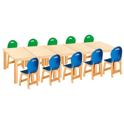 안전 자작합판 사각 5조각 10인 책상의자세트(초록+파랑 파스텔의자)