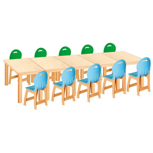안전 자작합판 사각 5조각 10인 책상의자세트(초록+하늘 파스텔의자)