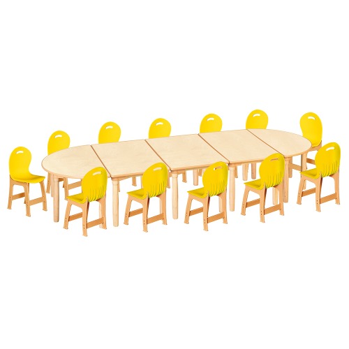 안전 자작합판 대형 반달 5조각 12인 책상의자세트(노랑 파스텔의자)