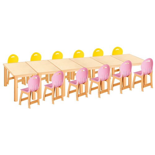 안전 자작합판 사각 6조각 12인 책상의자세트(노랑+분홍 파스텔의자)