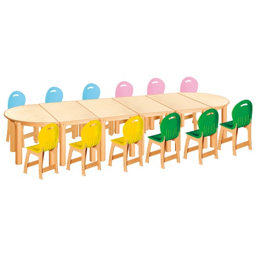 안전 자작합판 반달 6조각 12인 책상의자세트(노랑+초록+분홍+하늘 파스텔의자)