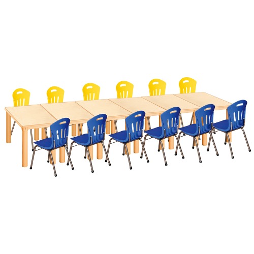 안전 자작합판 사각 6조각 12인 책상의자세트(노랑+파랑 수강의자)
