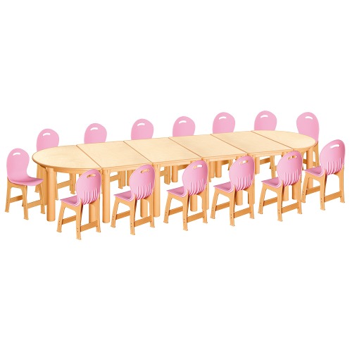 안전 자작합판 반달 6조각 14인 책상의자세트(분홍 파스텔의자)
