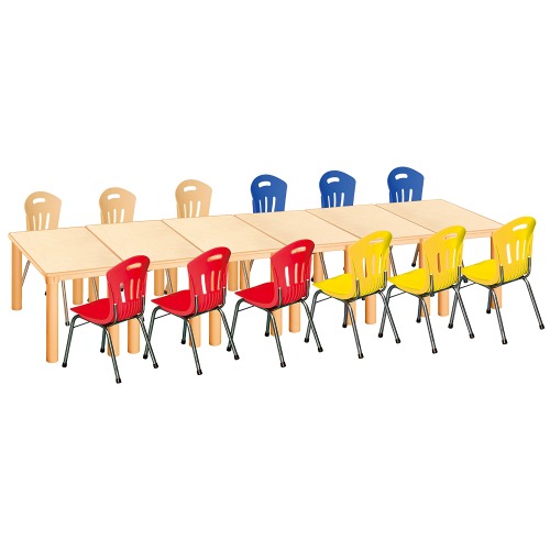 안전 자작합판 사각 6조각 12인 책상의자세트(빨강+노랑+파랑+비취 수강의자)