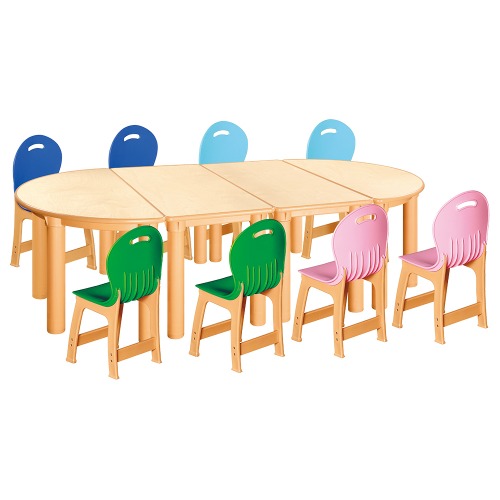 안전 자작합판 반달 4조각 8인 책상의자세트(초록+분홍+하늘+파랑 파스텔의자)