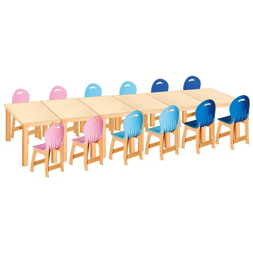 안전 자작합판 사각 6조각 12인 책상의자세트(분홍+하늘+파랑 파스텔의자)