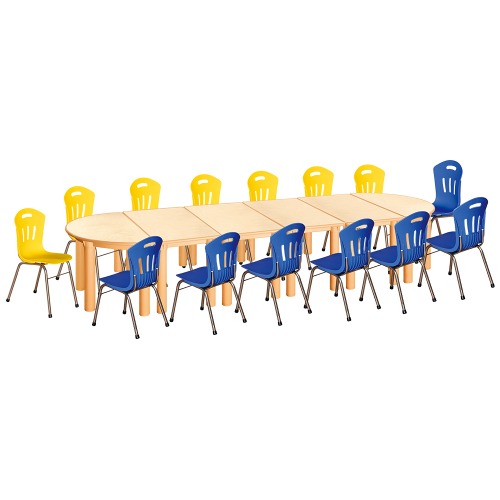 안전 자작합판 반달 6조각 14인 책상의자세트(노랑+파랑 수강의자)