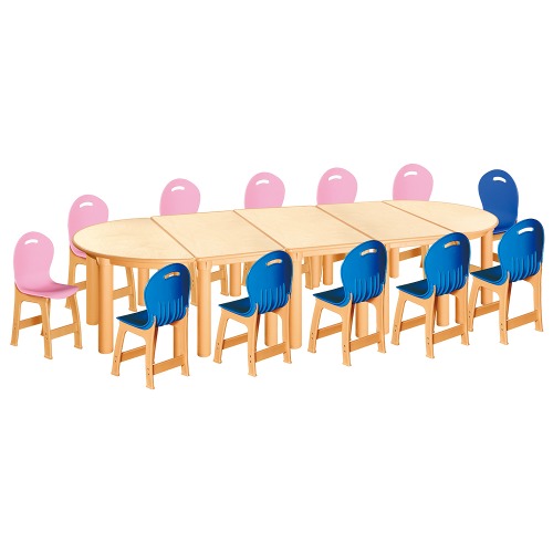 안전 자작합판 반달 5조각 12인 책상의자세트(분홍+파랑 파스텔의자)