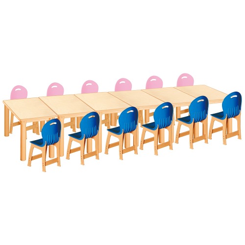 안전 자작합판 사각 6조각 12인 책상의자세트(분홍+파랑 파스텔의자)
