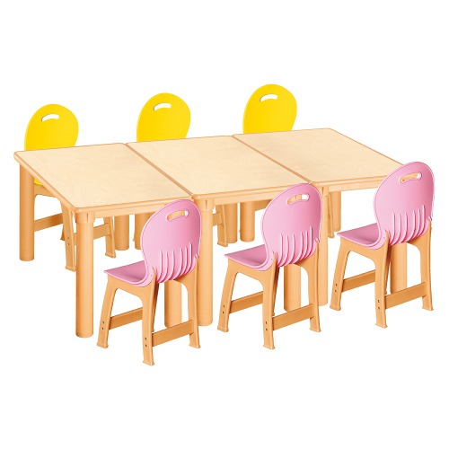 안전 자작합판 사각 3조각 6인 책상의자세트(노랑+분홍 파스텔의자)